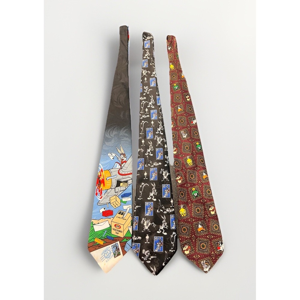 Lot of 3 Vtg 1990's Adult Size Looney Tunes Ties Bugs Bunny Taz Marvin Martian